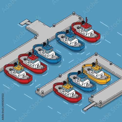 Isometric Boats Docked at Harbour Terminal.