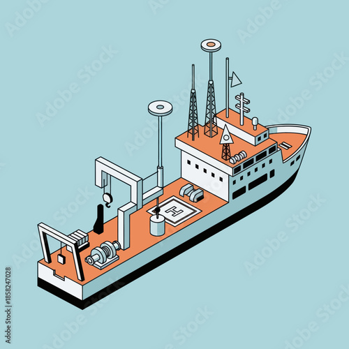 Isometric Illustration of a Research Vessel Ship.