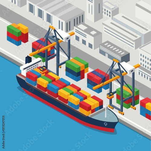 Cargo Ship Loaded with Containers at Dock.