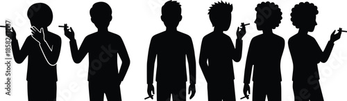 Black silhouette set of people smoking cigarettes in various poses isolated on white background for health awareness and social habit design
