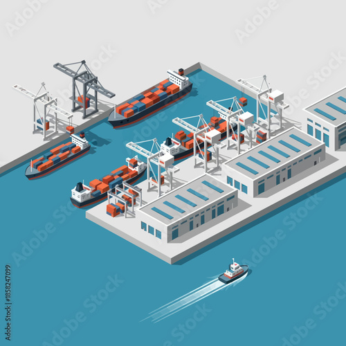 Industrial Harbor with Cargo Ships and Cranes.