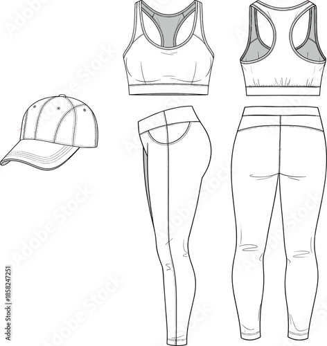 Women activewear outfit sketch vector illustration, sports bra, leggings and cap, front back views, minimal line art fashion design isolated on white
