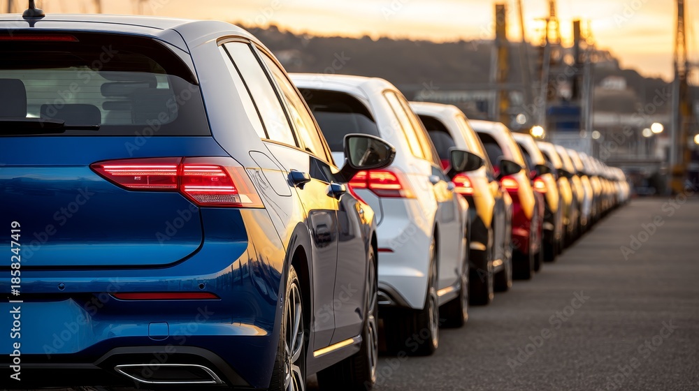 Obraz premium New cars lined up for export at port terminal