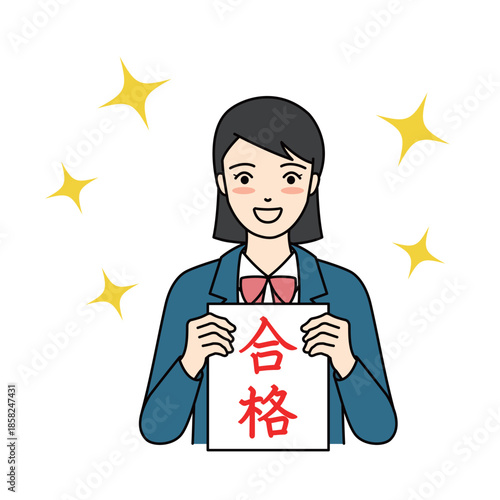 Happy schoolgirl in blazer holding a passing grade notice