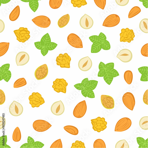 Nut seamless pattern with flat line icons. Vector background of dry nuts and seeds