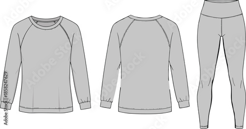 Women minimalist activewear set vector illustration, long sleeve athletic top and leggings, front back views, modern sports clothing isolated on white