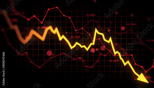 Tableau sur toile Downward yellow arrow and falling stock chart symbolizing global financial market crash on dark digital background grid with red data points