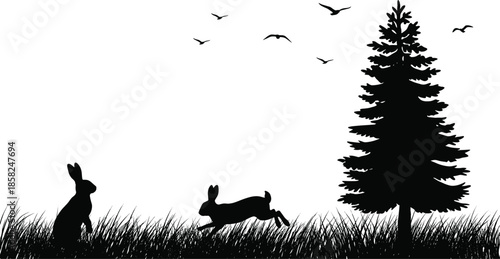 "Peaceful woodland scene with playful rabbits, flying birds, grassy terrain, and tall pine tree in black and white silhouette art"