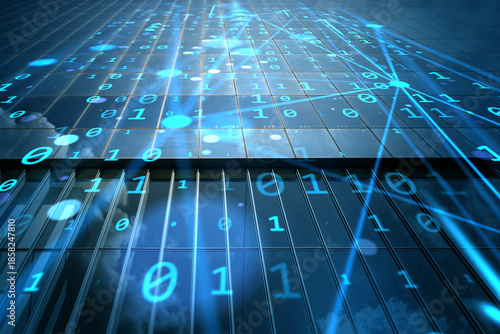 Wallpaper Mural Abstract digital data stream over glass building surface with binary code and blue light lines representing internet technology and cloud flow. Torontodigital.ca