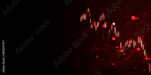 Billede på lærred Red downward stock market chart on dark background symbolizing global financial crisis and economic collapse with copyspace for business impact