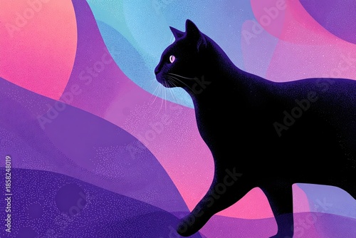 Mystical Cat Silhouette: A sleek, black cat strides confidently, its silhouette set against a mesmerizing backdrop of swirling colors, exuding an air of mystery and independence. 