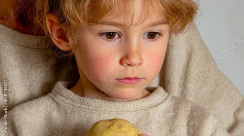 A contemplative, fair-haired child holds a potato, evoking rustic harvest nostalgia; embodies Potato Day and Syttende Mai traditions