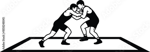 Wrestling athletes competing on mat silhouette illustration, combat sport action scene, black and white flat vector design isolated on white background