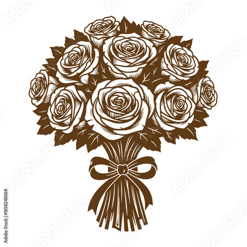 Vintage Brown bouquet of roses with leaves and ribbon on transparent background