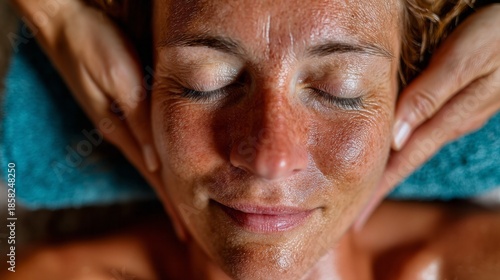 Serene Caucasian woman enjoys rejuvenating massage, soul-reviving tranquility, International Self-Care Day, holistic wellness, tactile euphoria