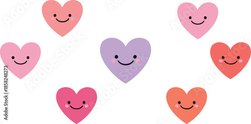 Set of Cute Colorful Smiling Heart Characters in Kawaii Style for Valentine Day and Friendship Concept Vector Illustration.