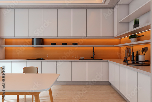Schilderij op canvas Modern empty kitchen interior with white cabinets, wooden accents, and minimalist furniture in a contemporary home room setting