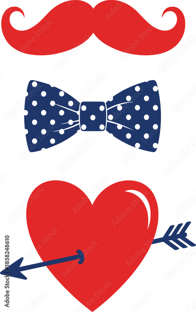 Fototapeta premium Set of Red Mustache Blue Polka Dot Bow Tie and Heart with Cupid Arrow for Party Photo Booth Props Concept Vector.