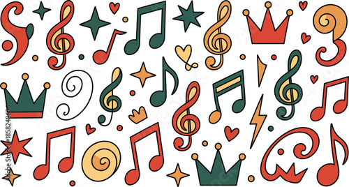 Vibrant hand-drawn music notes crowns stars hearts pattern design Vector