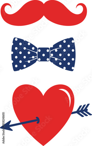 Set of Red Mustache Blue Polka Dot Bow Tie and Heart with Cupid Arrow for Party Photo Booth Props Concept Vector.