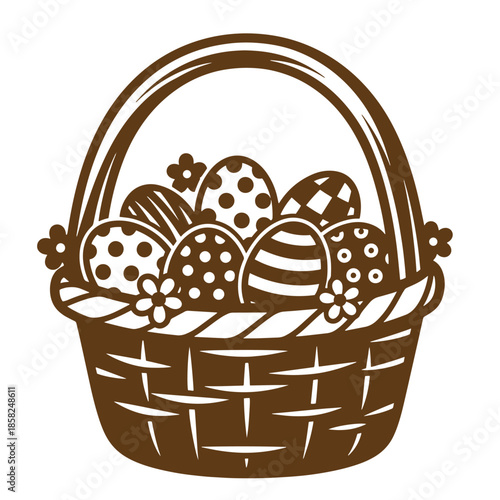 Vintage Brown Easter basket filled with decorated eggs and flowers isolated on white background