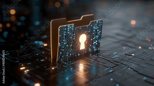 Conceptual image of a folder with a keyhole integrated on a circuit board, suggesting data protection & information security