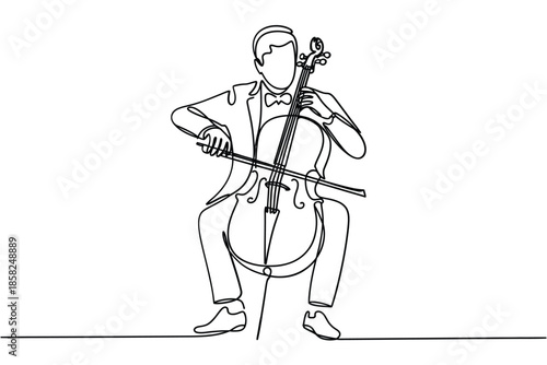 A single line drawing of a man playing the cello with a bow