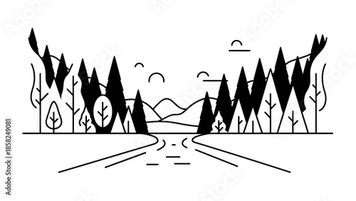 Minimalist Forest Landscape with Winding River and Road.
