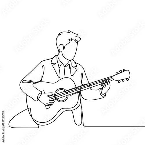 A continuous line drawing of a man playing an acoustic guitar