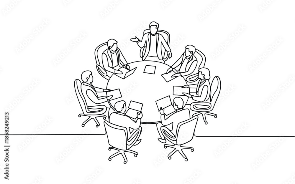 Fototapeta premium A single line drawing of a business meeting around a round table
