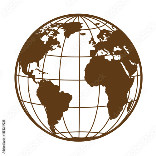 Vintage Brown globe illustration with grid lines and continents on white background
