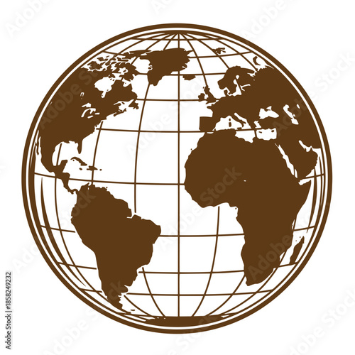 Vintage Brown globe illustration with grid lines and continents on white background