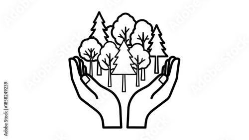 Hands holding a forest of trees illustration.