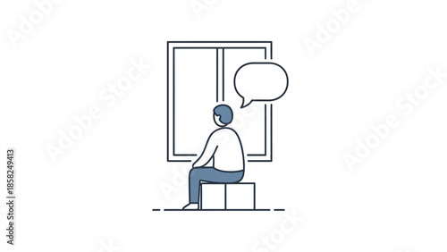A minimalist line drawing of a person sitting on a cube with a speech bubble in front of a window on a white background.