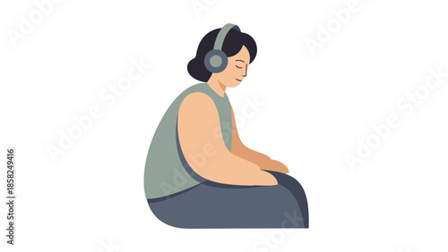 A woman wearing headphones sits cross-legged on the floor with her eyes closed in a calm and relaxed pose against a plain white background.