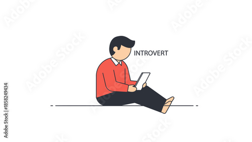 Illustration of a man sitting with a laptop, labeled as introvert, in a minimalist flat design with bold lines and bright colors on a white background.