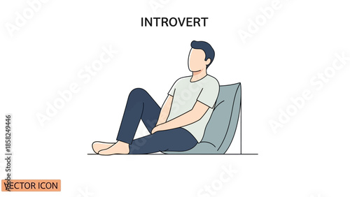 Vector illustration of a relaxed man sitting on a couch with a thoughtful expression in a minimalist style with a neutral background.