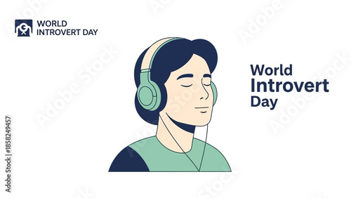 Illustration of a person wearing headphones on World Introvert Day with a minimalist design and muted color palette against a clean white background.