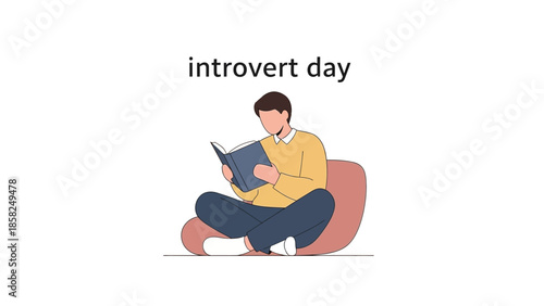 Illustration of a man sitting on a beanbag chair reading a book on an introvert day with a minimalist background.