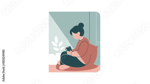 Illustration of a woman sitting cross-legged on the floor, holding a smartphone, wearing a pink shirt and black pants, against a simple green background with a white leaf pattern.