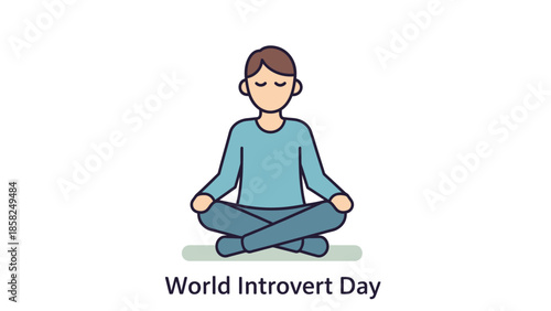 Illustration of a man meditating in a lotus position on a green mat with closed eyes, wearing blue clothes, on a white background with World Introvert Day text.