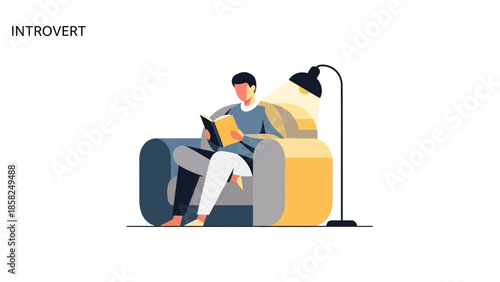 An introverted man sitting on a couch reading a book with a floor lamp beside him in a minimalist setting.