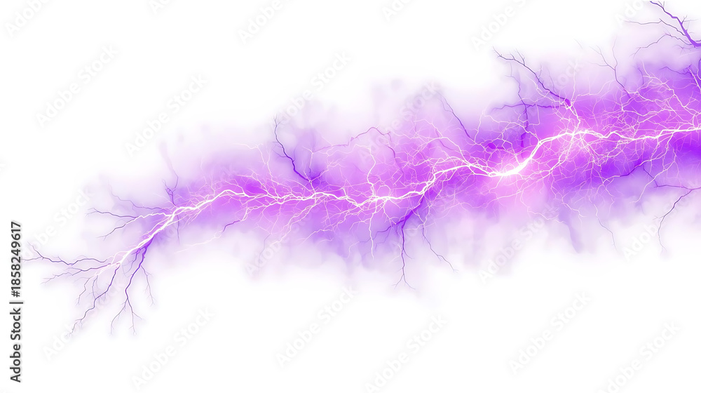 Fototapeta premium A striking purple lightning bolt streaks across a soft cloudy backdrop, conveying energy, power, and dramatic weather. Ideal for topics on science technology, storms, and dynamic LIGHT EFFECT