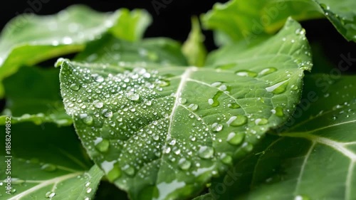 Green leaves with water droplets on them against a dark background with natural lighting