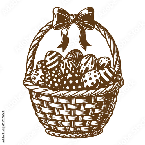 Vintage Brown illustration of a wicker basket full of decorated Easter eggs with a ribbon bow on the handle isolated on white background