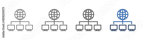
outline icon set global network with globe and three computers design