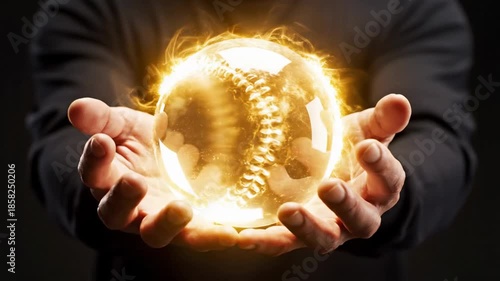 Close up of illuminated glowing energy ball held carefully in two cupped hands symbolizing powerful magic psychic ability or future forecasting in darkness