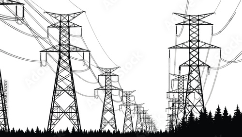 High-Voltage Electricity Transmission Towers Extending into the Horizon Vector Illustration, Showing Power Grid Lines Over Forest Silhouette, 