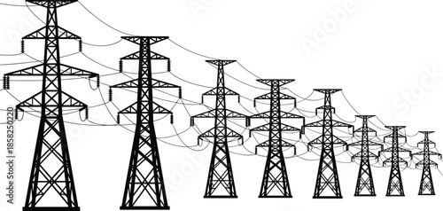 High-Voltage Electricity Transmission Towers in Perspective Vector Illustration, Showing Power Grid Infrastructure Extending to the Horizon, Representingem.