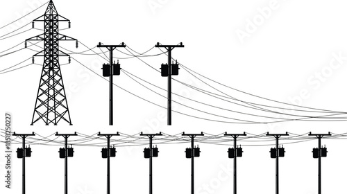 High-Voltage Transmission Tower and Urban Electricity Distribution Poles with Transformers, Silhouette Vector Illustration of Power Grid Infrastructure and Electrical Energy Supply.